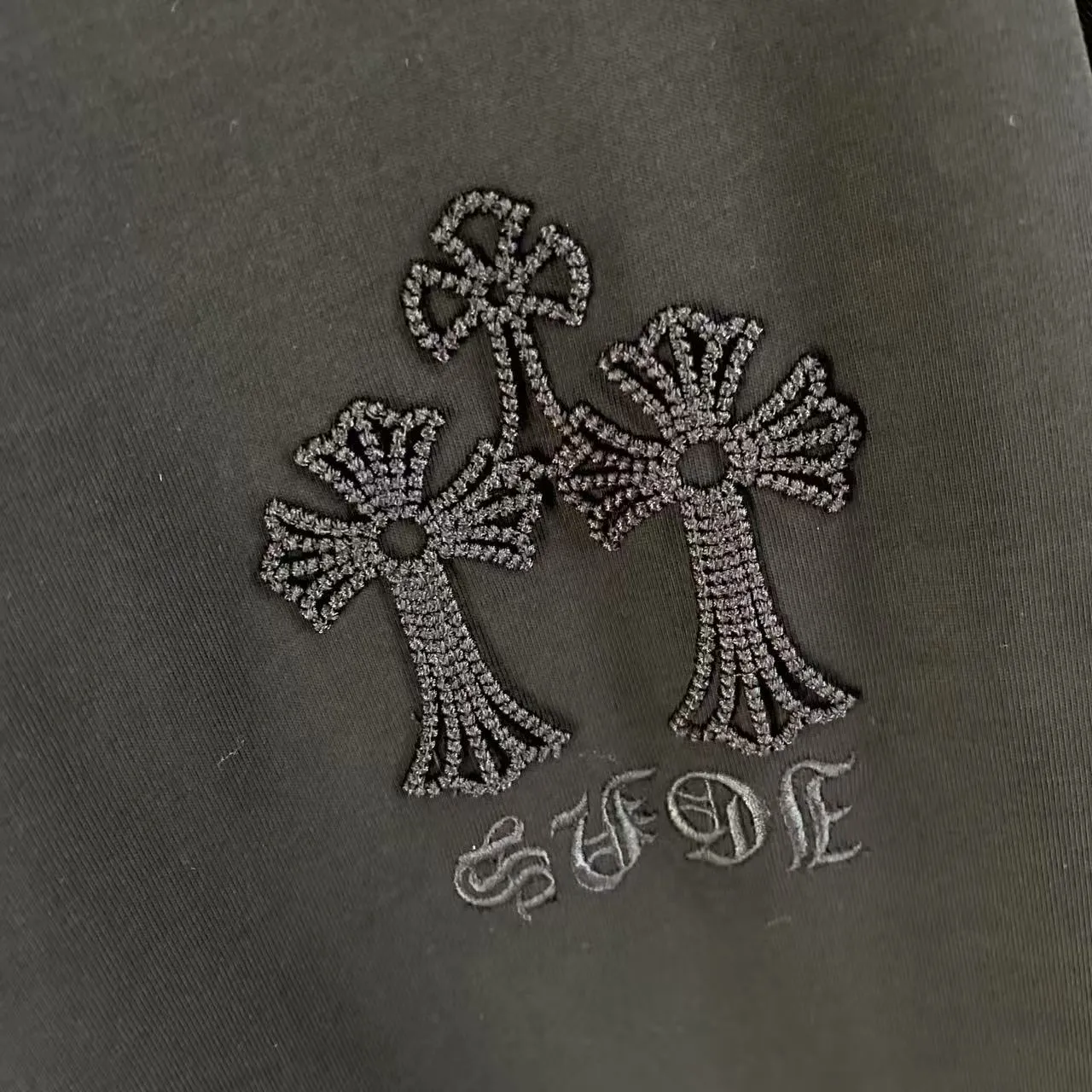 🅿️200 ch Cro* 2025 summer new style Sanskrit horseshoe cross cross vacuum embroidery short-sleeved t-shirt custom fabric 300g same style for men and women Size: S M L XL XXL Five codes Color: black white